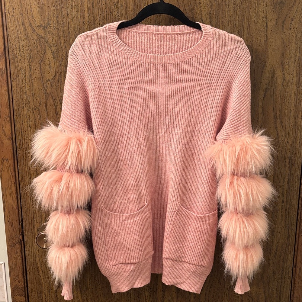Pink Sweater with Faux Fur Accents
